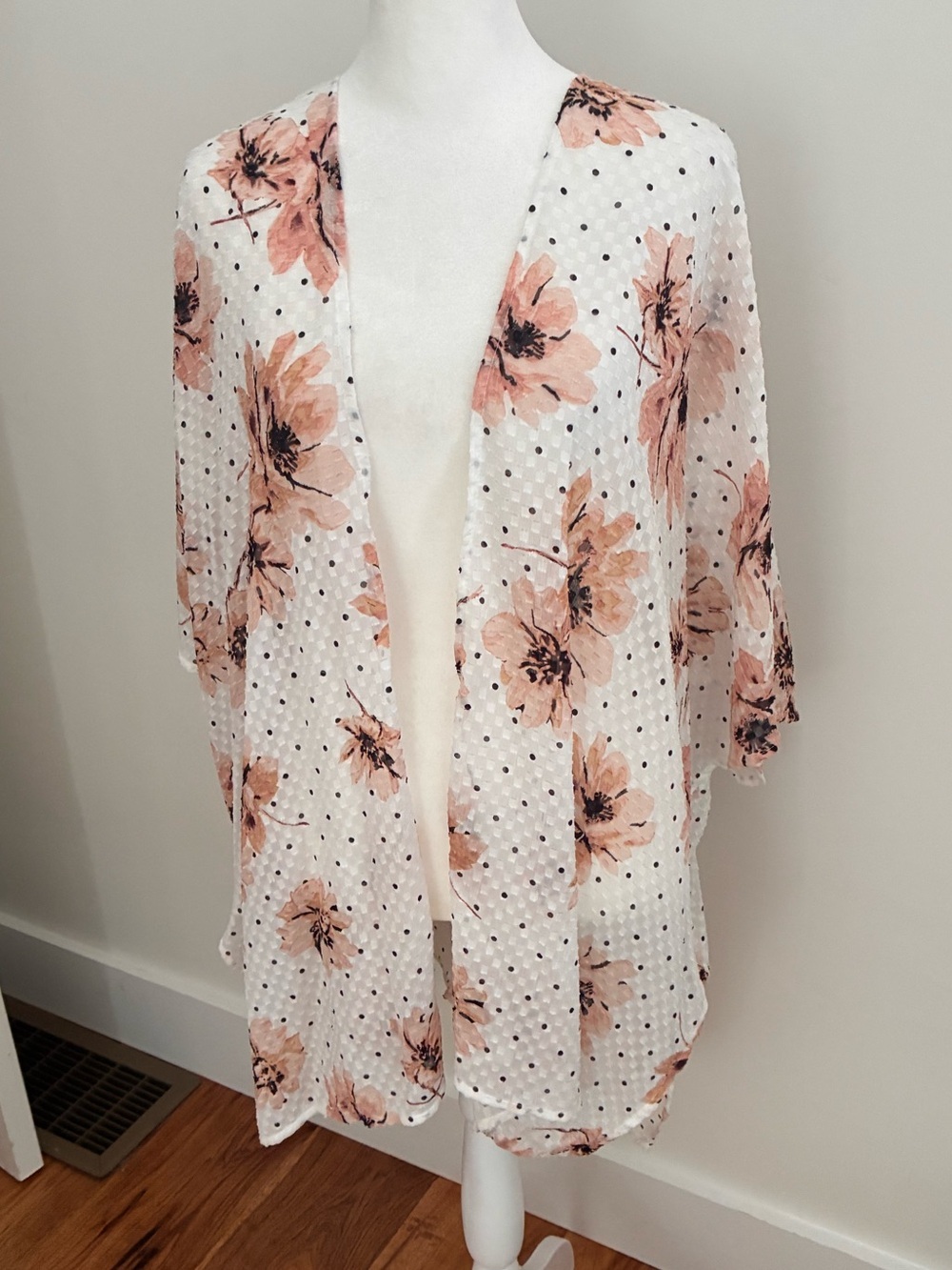 White Floral Open Front Kimono Cardigan - Peach Flower Print
